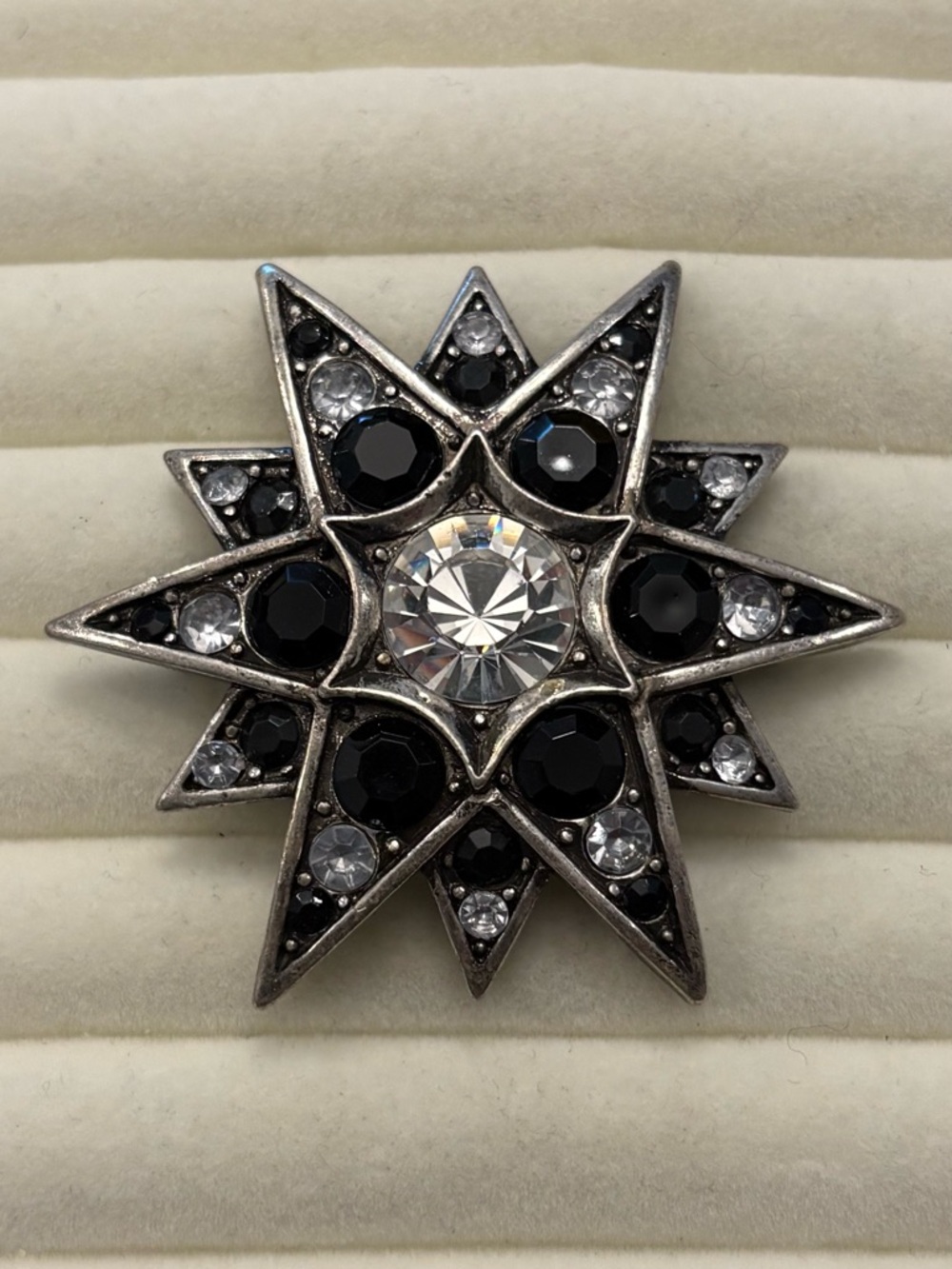 Vintage Silver Tone Starburst Brooch Pin Black Clear‎ Rhinestones Victorian Goth